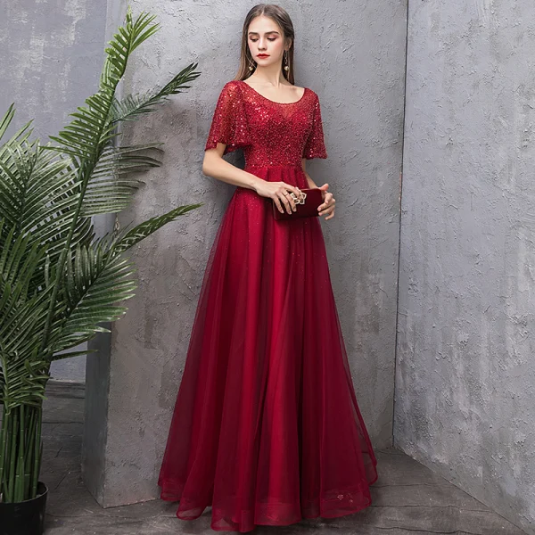 Charming Burgundy Evening Dresses  2019 A-Line / Princess Scoop Neck Sequins Short Sleeve Backless Floor-Length / Long Formal Dresses