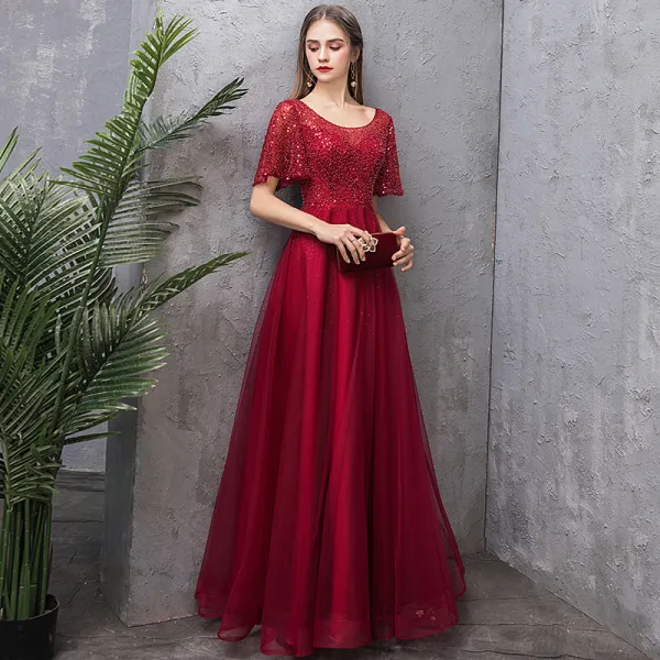 Charming Burgundy Evening Dresses 2019 A Line Princess Scoop Neck Sequins Short Sleeve Backless Floor Length Long Formal Dresses