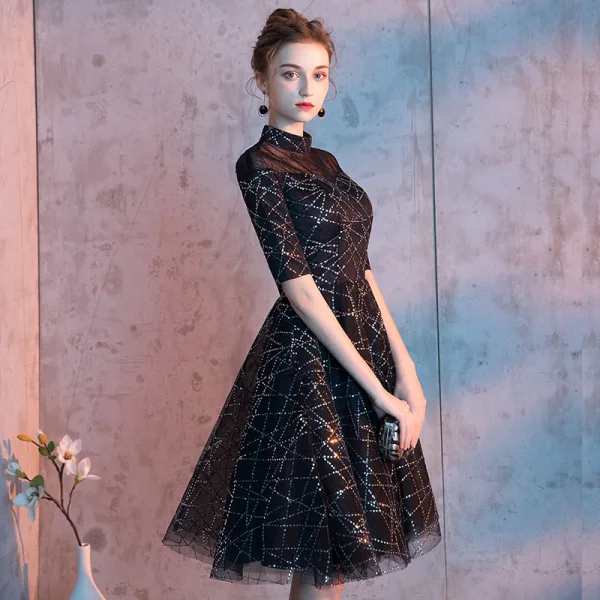 Chic / Beautiful Black Homecoming Graduation Dresses 2019 A-Line / Princess High Neck 1/2 Sleeves Sequins Knee-Length Formal Dresses