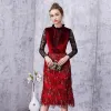 Vintage / Retro Chinese style Burgundy Party Dresses 2019 Scoop Neck Suede Sequins Tassel Lace Long Sleeve Knee-Length Formal Dresses