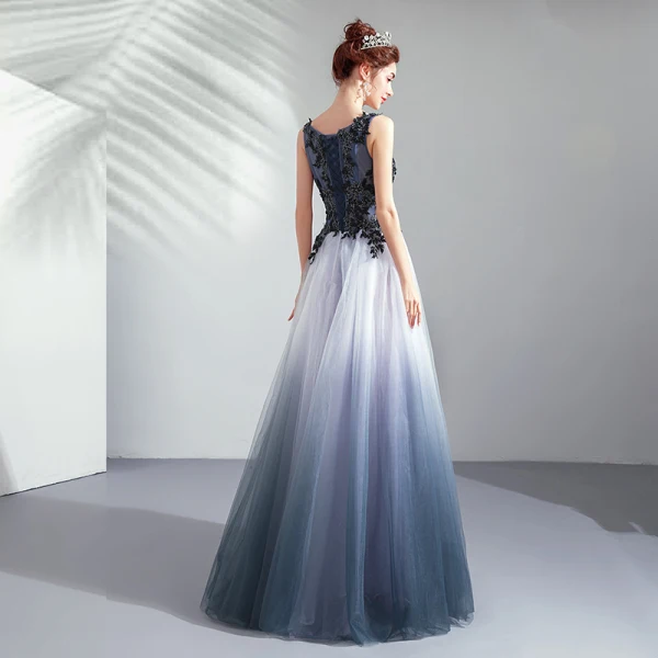 Élégant Dégradé De Couleur Robe De Soirée 2019 Princesse Encolure Dégagée Perlage Paillettes Perle Cristal En Dentelle Fleur Sans Manches Dos Nu Longue Robe De Ceremonie