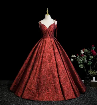 Inhabituel Bordeaux Fleur Impression Robe De Bal 2025 Robe Boule Bretelles Spaghetti Sans Manches Dos Nu Longue Robe De Ceremonie