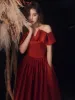 Chic / Beautiful Burgundy Satin Prom Dresses 2021 A-Line / Princess Off-The-Shoulder Short Sleeve Backless Floor-Length / Long Formal Dresses