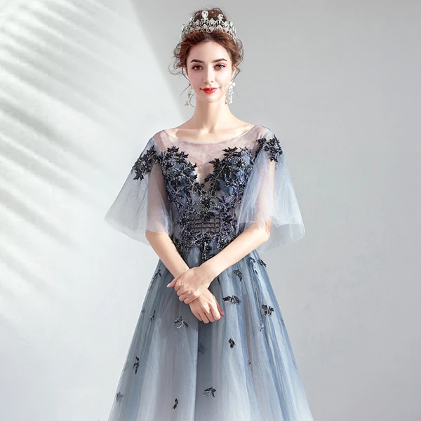 Elegant Gradient-Color Evening Dresses 2019 A-Line / Princess Scoop Neck Beading Pearl Lace Flower 1/2 Sleeves Backless Floor-Length / Long Formal Dresses