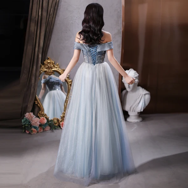 Fashion Sky Blue Prom Dresses 2021 A-Line / Princess Off-The-Shoulder Beading Sequins Sleeveless Backless Floor-Length / Long Formal Dresses