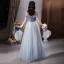 Fashion Sky Blue Prom Dresses 2021 A-Line / Princess Off-The-Shoulder Beading Sequins Sleeveless Backless Floor-Length / Long Formal Dresses