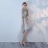 Eleganckie Szary Princessa Sukienki Koktajlowe 2018 Z Koronki Kwiat Wycięciem Bez Rękawów Asymetryczny Sukienki Wizytowe