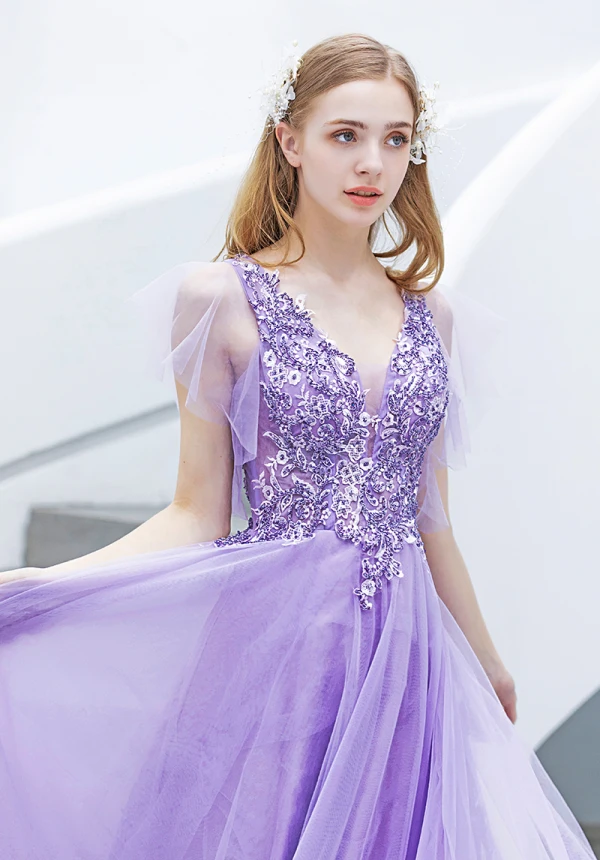 Élégant Lavande Robe De Soirée 2019 Princesse V-Cou Perlage Cristal En Dentelle Fleur Manches Courtes Dos Nu Longue Robe De Ceremonie