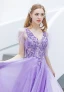 Élégant Lavande Robe De Soirée 2019 Princesse V-Cou Perlage Cristal En Dentelle Fleur Manches Courtes Dos Nu Longue Robe De Ceremonie