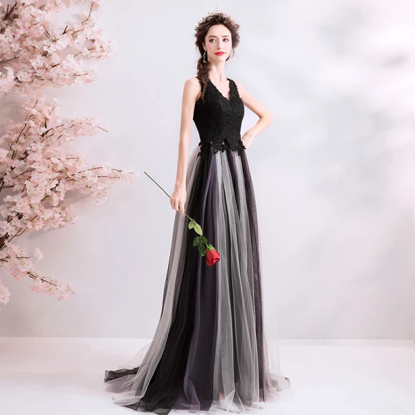 Chic / Beautiful Black Evening Dresses 2019 A-Line / Princess V-Neck Lace Flower Buttons Sleeveless Floor-Length / Long Formal Dresses