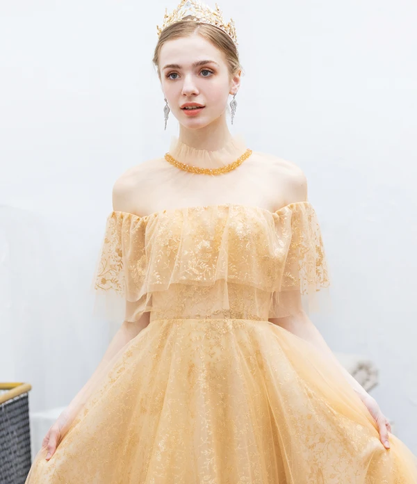Charming Gold Evening Dresses 2019 A-Line / Princess Scoop Neck Beading Crystal Sequins Lace Flower Short Sleeve Backless Floor-Length / Long Formal Dresses
