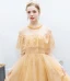 Charming Gold Evening Dresses  2019 A-Line / Princess Scoop Neck Beading Crystal Sequins Lace Flower Short Sleeve Backless Floor-Length / Long Formal Dresses