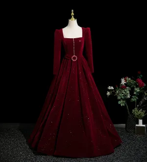Réservé Bordeaux Faux Diamant Paillettes Velours Robe De Bal 2025 Robe Boule Encolure Carrée Manches Longues Dos Nu Longue Robe De Ceremonie
