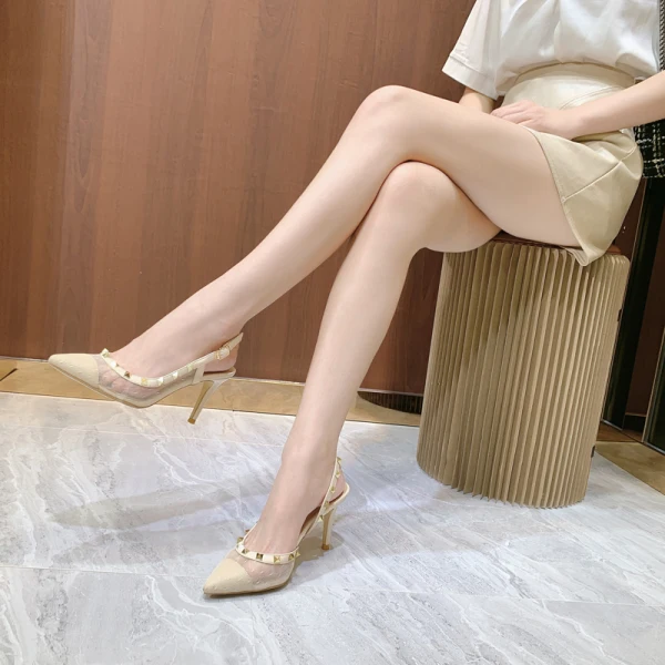 Charming Beige Evening Party Rivet See-through Womens Sandals 2021 8 cm Stiletto Heels Pointed Toe High Heels