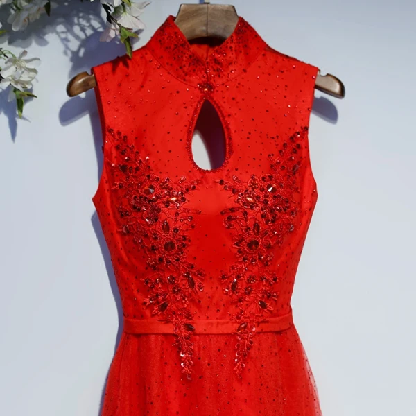 Chic / Belle Rouge Robe De Ceremonie Robe De Soirée 2017 En Dentelle Fleur Paillettes Dos Nu Col Haut Sans Manches Longue Princesse
