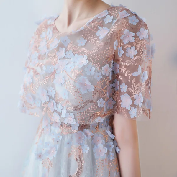 Élégant Été Bleu Robe De Soirée 2018 Princesse Appliques Paillettes Encolure Dégagée Manches Courtes Longue Robe De Ceremonie