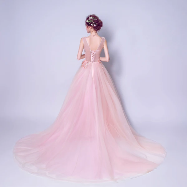 Elegant Pearl Pink Evening Dresses 2019 A-Line / Princess V-Neck Pearl Sequins Appliques Lace Flower Sleeveless Backless Chapel Train Formal Dresses
