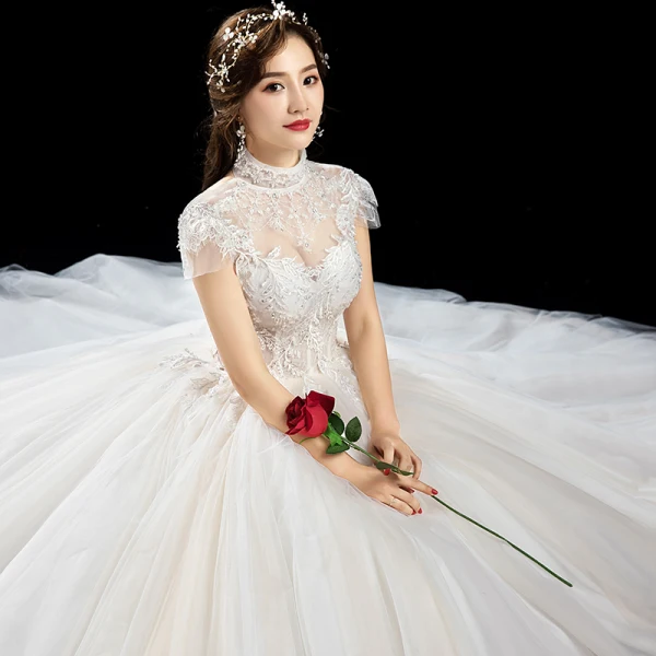 Chic / Belle Ivoire Robe De Mariée 2019 Princesse Col Haut Perlage Paillettes Appliques En Dentelle Fleur Manches Courtes Dos Nu Longue