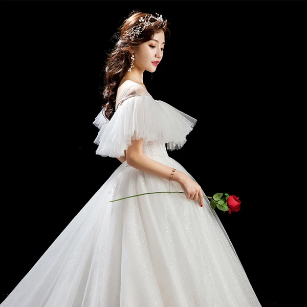 Chic / Beautiful Ivory Wedding Dresses 2019 Ball Gown Scoop Neck Sequins Backless Short Sleeve Chapel Train