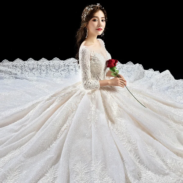 Luxury / Gorgeous Champagne Wedding Dresses 2019 A-Line / Princess Scoop Neck Beading Crystal Sequins Lace Flower 3/4 Sleeve Backless Cathedral Train