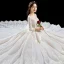 Luxury / Gorgeous Champagne Wedding Dresses 2019 A-Line / Princess Scoop Neck Beading Crystal Sequins Lace Flower 3/4 Sleeve Backless Cathedral Train