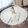 Luxury / Gorgeous Champagne Wedding Dresses 2019 A-Line / Princess Scoop Neck Handmade  Beading Pearl Sequins Rhinestone Lace Flower Short Sleeve Backless Cathedral Train