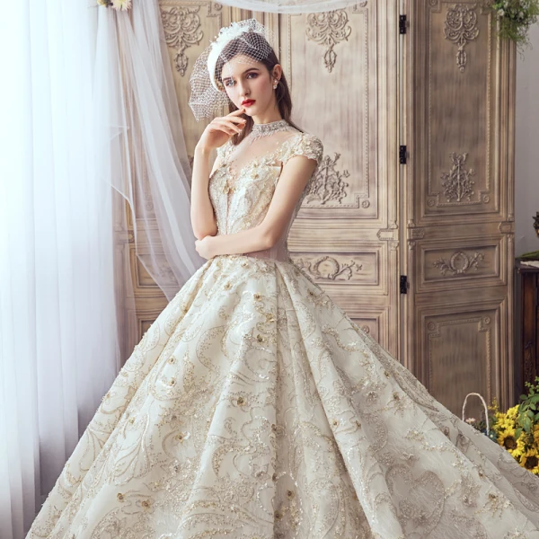 Luxury / Gorgeous Champagne Handmade Beading Wedding Dresses 2019 A-Line / Princess Scoop Neck Lace Flower Star Sequins Cap Sleeves Backless Cathedral Train