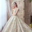 Luxury / Gorgeous Champagne Handmade  Beading Wedding Dresses 2019 A-Line / Princess Scoop Neck Lace Flower Star Sequins Cap Sleeves Backless Cathedral Train
