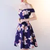 Chic / Beautiful Royal Blue Party Dresses 2018 A-Line / Princess Printing Off-The-Shoulder Backless Sleeveless Knee-Length Formal Dresses