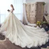 Luxury / Gorgeous Ivory Wedding Dresses 2019 A-Line / Princess Off-The-Shoulder Beading Tassel Appliques Pearl Lace Flower Short Sleeve Backless Royal Train