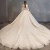Charming Champagne Wedding Dresses 2019 Ball Gown Strapless Beading Lace Flower Short Sleeve Backless Cathedral Train