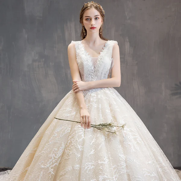 Elegante Champagne Trouwjurken 2019 A lijn V-Hals Kant Bloem Mouwloos Ruglooze Cathedral Train