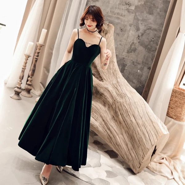 Simple Couleur Unie Vert Foncé de retour Robe De Graduation 2019 Princesse Bretelles Spaghetti Daim Sans Manches Dos Nu Longueur Cheville Robe De Ceremonie