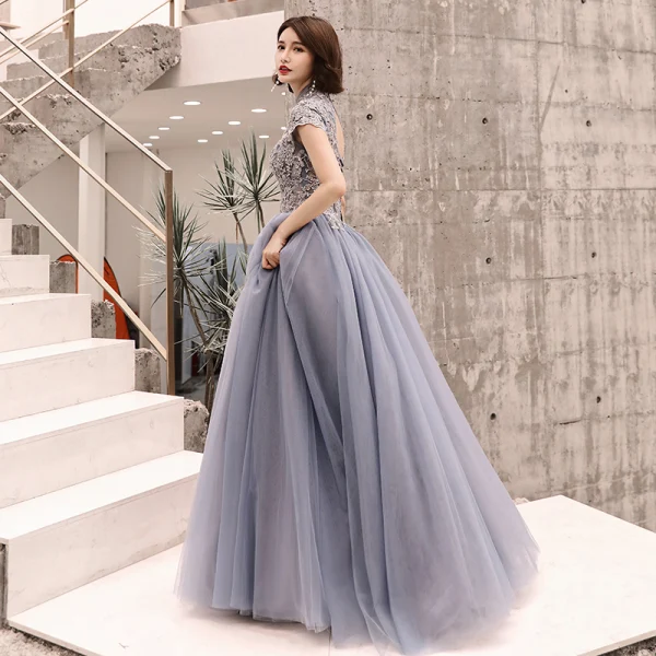 Elegant Pool Blue Evening Dresses 2019 A-Line / Princess High Neck Sequins Lace Flower Short Sleeve Backless Floor-Length / Long Formal Dresses