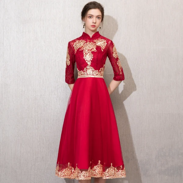 Chinese style Burgundy Evening Dresses 2019 A-Line / Princess High Neck Sequins Lace Flower 1/2 Sleeves Tea-length Formal Dresses