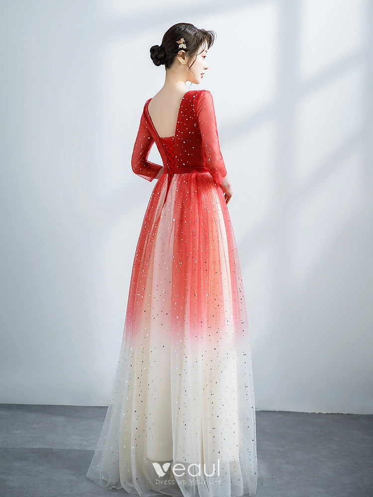 Off Shoulder Red Feather Prom Dresses Long Sleeve Sequin Dress FD2413 viniodress Custom Colors / US18W