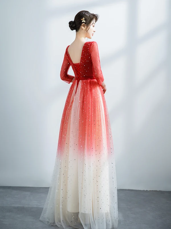 Fashion Red Gradient-Color Prom Dresses 2021 A-Line / Princess V-Neck Star Sequins 3/4 Sleeve Backless Floor-Length / Long Formal Dresses