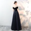 Modest / Simple Navy Blue Evening Dresses  2018 A-Line / Princess Suede Off-The-Shoulder Backless Sleeveless Floor-Length / Long Formal Dresses