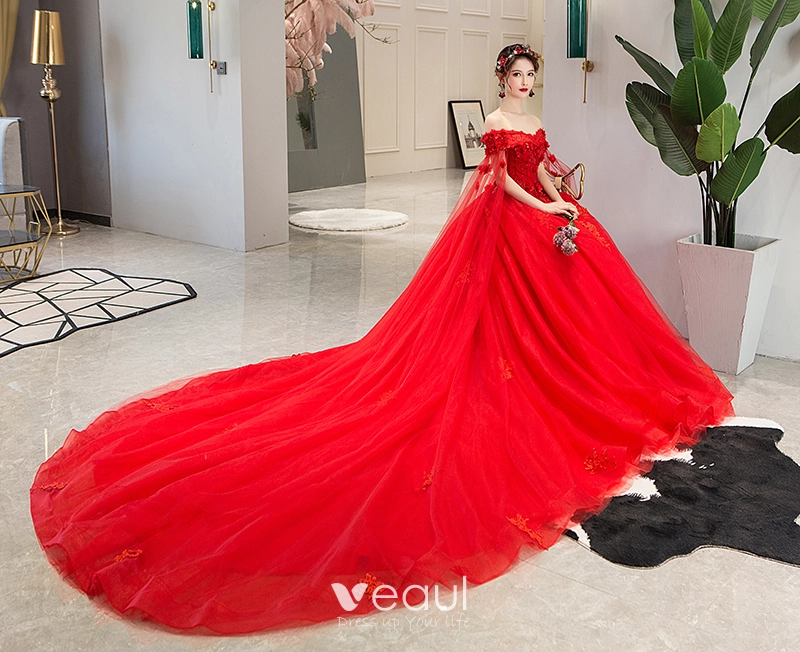 Chic / Beautiful Red Wedding Dresses 2019 A-Line / Princess Off-The ...