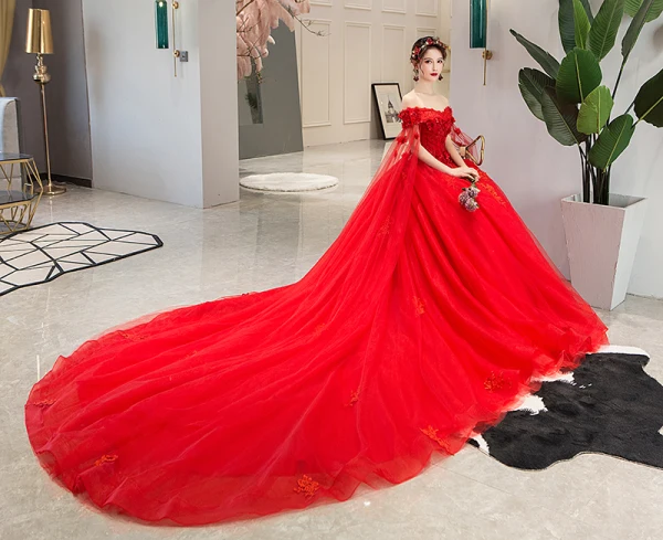Chic / Beautiful Red Wedding Dresses 2019 A-Line / Princess Off-The-Shoulder Beading Pearl Appliques Lace Flower Sequins Short Sleeve Backless Cathedral Train