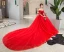 Chic / Beautiful Red Wedding Dresses 2019 A-Line / Princess Off-The-Shoulder Beading Pearl Appliques Lace Flower Sequins Short Sleeve Backless Cathedral Train