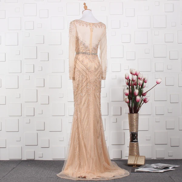 Luxury / Gorgeous Gold Handmade  Beading Evening Dresses  2019 Trumpet / Mermaid Scoop Neck Crystal Rhinestone Long Sleeve Sweep Train Formal Dresses
