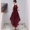 Charming Burgundy Cocktail Dresses 2019 A-Line / Princess Scoop Neck Sequins Lace Flower Sleeveless Asymmetrical Formal Dresses