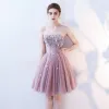 Sexy Blushing Pink Cocktail Dresses 2019 A-Line / Princess Strapless Appliques Pearl Crystal Lace Flower Sleeveless Backless Short Formal Dresses