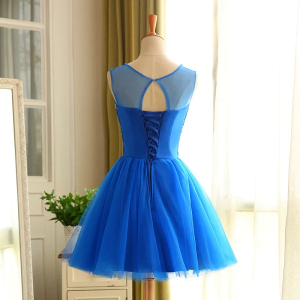 yellow and blue prom dresses Gray Blue Tulle Lace Short Prom Dress, Half Sleeves Knee Length Homeco –  cherishgirls