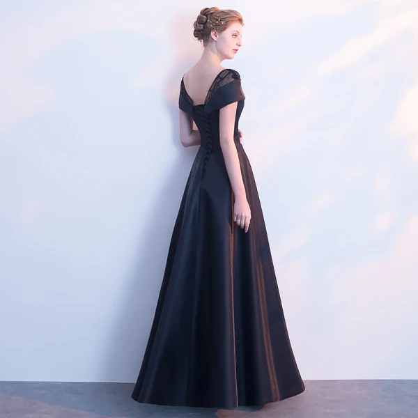 Modest / Simple Black Evening Dresses 2018 A-Line / Princess Beading Scoop Neck Backless Short Sleeve Floor-Length / Long Formal Dresses
