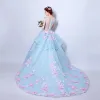 Amazing / Unique Pool Blue Wedding Dresses 2018 Ball Gown Appliques Pearl Scoop Neck See-through Short Sleeve Chapel Train Wedding