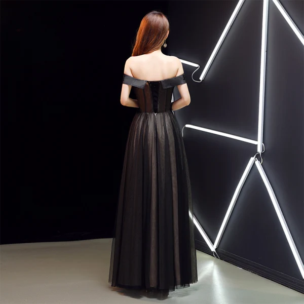 Charming Black Evening Dresses 2019 A-Line / Princess Off-The-Shoulder Crystal Lace Flower Short Sleeve Backless Floor-Length / Long Formal Dresses