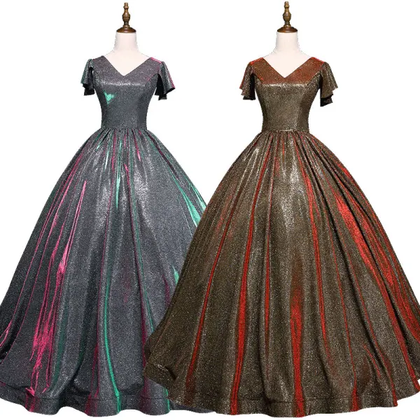 Vintage / Retro Silver Prom Dresses 2019 A-Line / Princess V-Neck Sequins Short Sleeve Backless Floor-Length / Long Formal Dresses