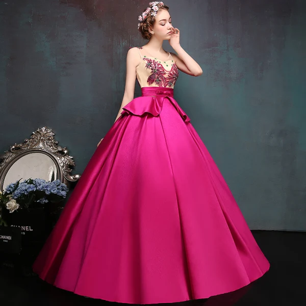 Chic / Beautiful Fuchsia Prom Dresses 2019 A-Line / Princess V-Neck Lace Flower Bow Sequins Sleeveless Backless Floor-Length / Long Formal Dresses